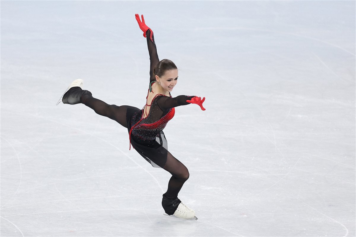 <i>Matthew Stockman/Getty Images</i><br/>Valieva skates during the free skating team event of the Beijing 2022 Winter Olympic Games.