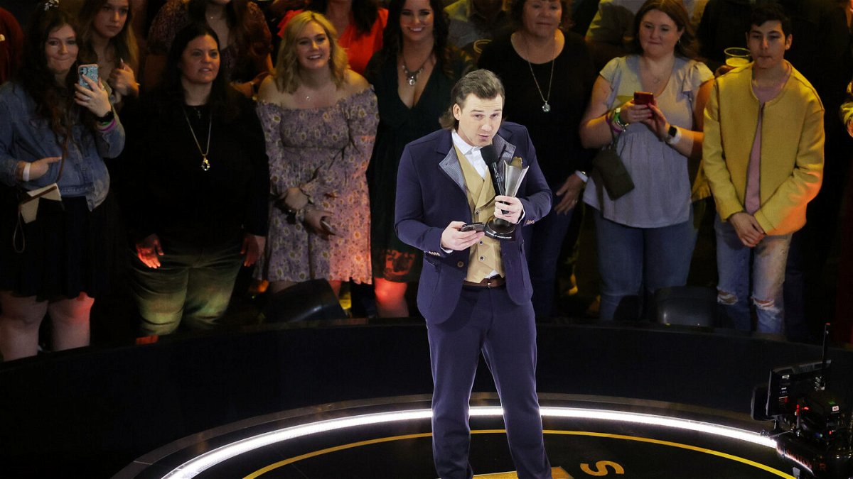 <i>Ethan Miller/Getty Images</i><br/>Morgan Wallen accepts the album of the year award for 'Dangerous: The Double Album' onstage during the 57th Academy of Country Music Awards.