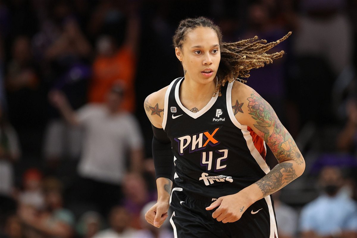 <i>Christian Petersen/Getty Images North America/Getty Images</i><br/>Brittney Griner #42 of the Phoenix Mercury during the first half in Game Four of the 2021 WNBA semifinals at Footprint Center on October 06
