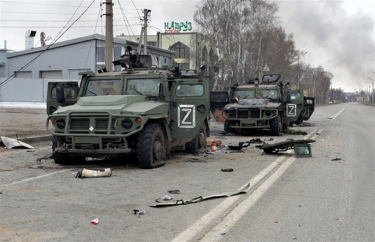 <i>Sergey Bobok/AFP/Getty Images</i><br/>This picture shows Russian infantry mobility vehicles GAZ Tigr destroyed as a result of fight in Kharkiv