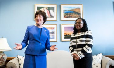 Supreme Court nominee Ketanji Brown Jackson meets with Sen. Susan Collins in Collins' office earlier this month on Capitol Hill in Washington