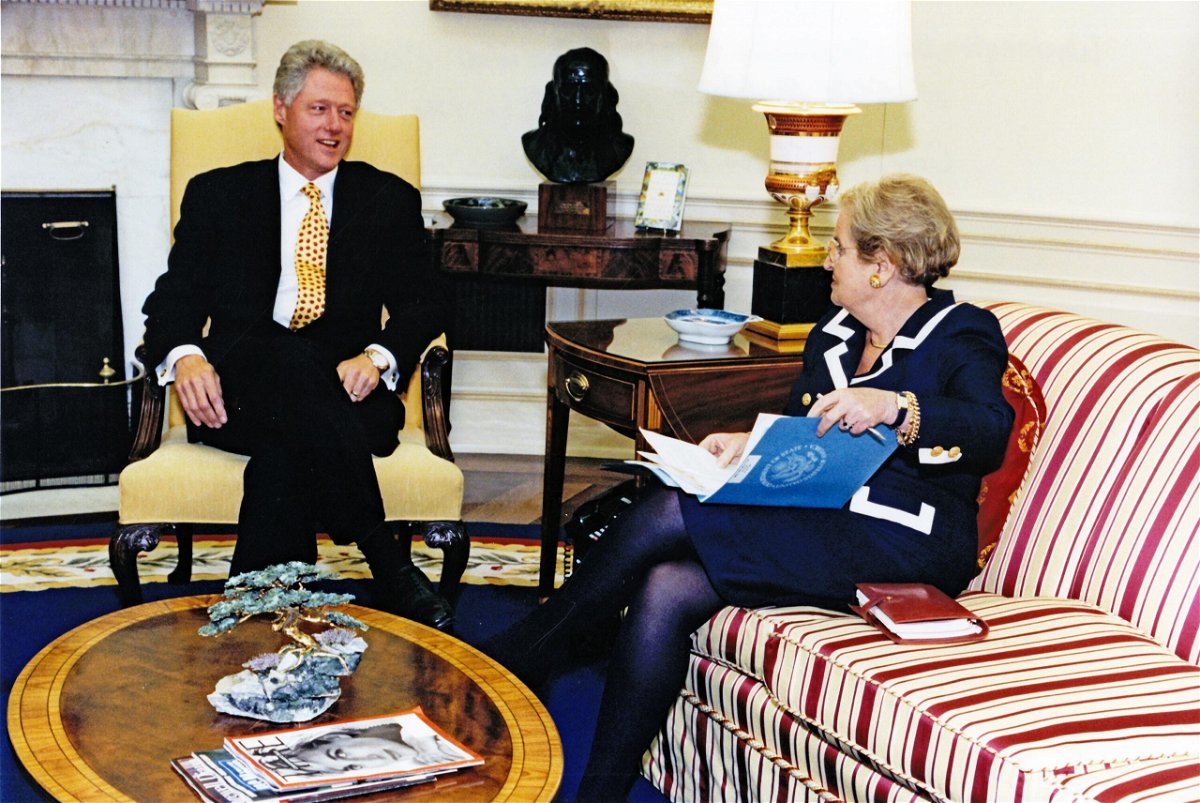 <i>Sharon Farmer/White House/Consolidated News Pictures/Getty Images</i><br/>US President Bill Clinton (left) and Secretary of State Madeleine Albright talk together in the White House's Oval Office