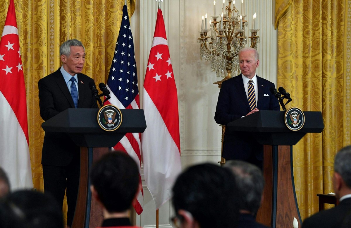 <i>NICHOLAS KAMM/AFP/Getty Images</i><br/>Prime Minister Lee Hsien Loong of Singapore speaks during a joint news conference with President Joe Biden in the East Room of the White House in Washington