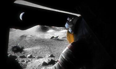 An illustration of a suited Artemis astronaut looking out of a Moon lander hatch across the lunar surface