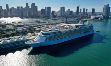 A cruise ship waits for people to embark before leaving PortMiami in December 2021 in Miami