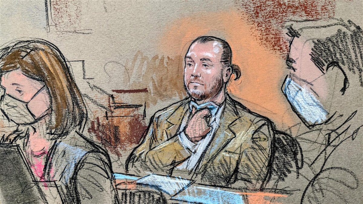 <i>Bill Hennessy</i><br/>Guy Reffitt is depicted in an artist sketch in federal court in Washington on February 28.