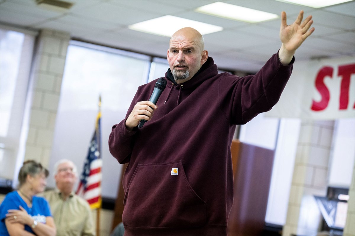 <i>Tom Williams/CQ-Roll Call/Getty Images</i><br/>Democratic candidate for Senate Lt. Gov. John Fetterman speaks during a rally at in Plymouth Meeting