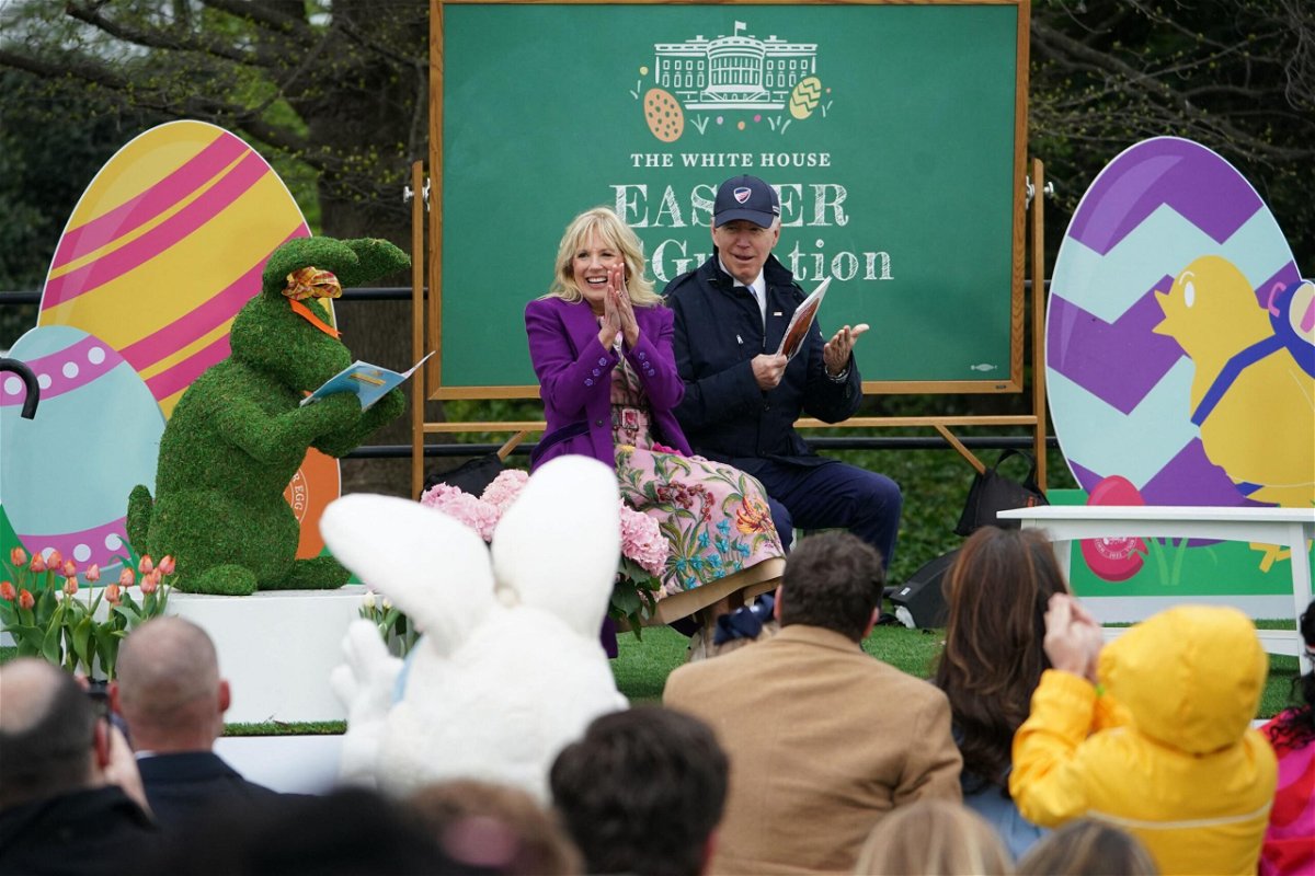 <i>Mandel Ngan/AFP/Getty Images</i><br/>President Joe Biden and First Lady Jill Biden read a book to children during the annual Easter Egg Roll on the South Lawn of the White House in Washington