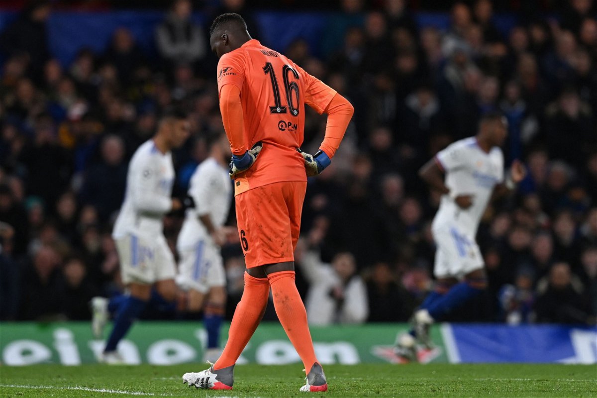 <i>GLYN KIRK/AFP/IKIMAGES/AFP/Getty Images</i><br/>Edouard Mendy reacts having conceded the third goal.