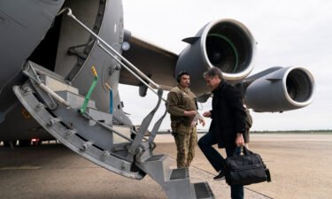 Secretary of State Antony Blinken boards a plane for departure on April 23 at Andrews Air Force Base