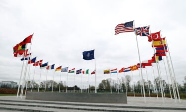 The flags of NATO member countries are seen ahead of NATO foreign ministers meeting at NATO Headquarters in Brussels