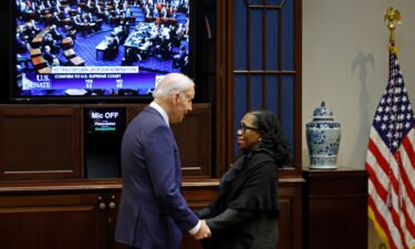 U.S. President Joe Biden congratulates Ketanji Brown Jackson as the U.S. Senate confirms her to be the first Black woman to be a justice on the Supreme Court in the Roosevelt Room at the White House on April 7 in Washington