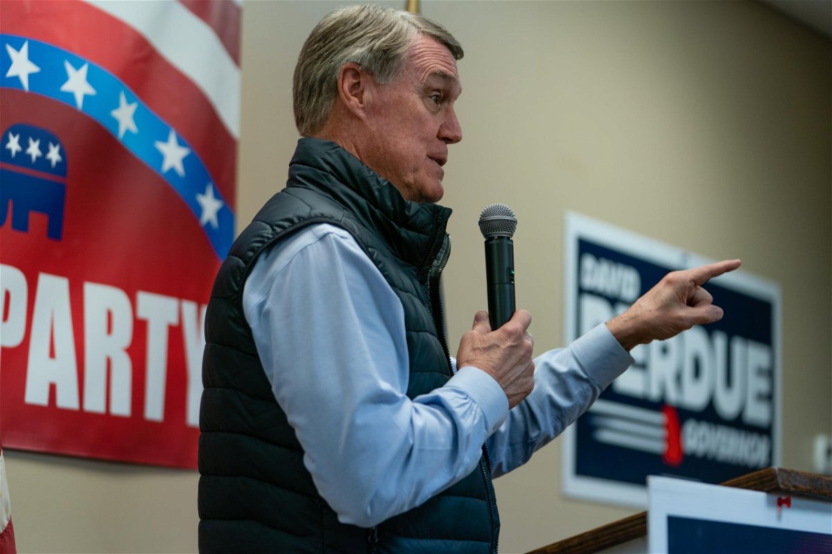 <i>Elijah Nouvelage/Getty Images</i><br/>Former U.S. senator and Republican gubernatorial candidate David Perdue speaks at a campaign event on February 1 in Dalton