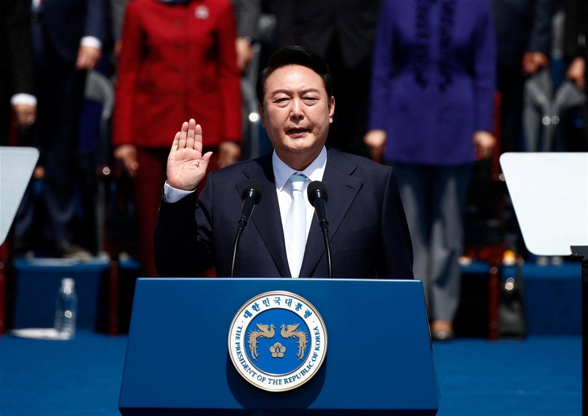 <i>Jeon Heon-Kyun /Pool/Reuters</i><br/>New South Korean President Yoon Suk-yeol urges North Korean denuclearization in inauguration address oath in Seoul on May 10.