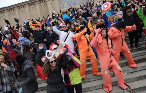 People in costumes perform the Harlem Shake Dance in Szczecin