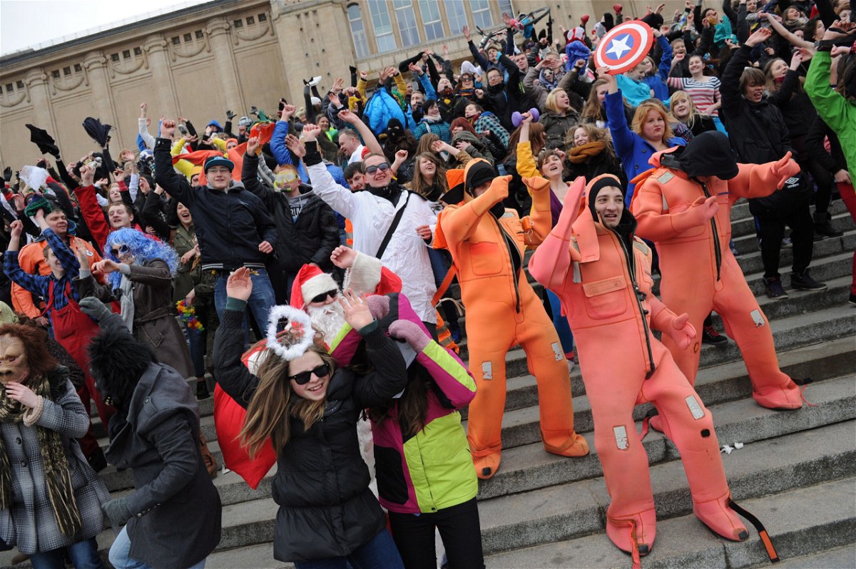 <i>Marcin Bielecki/EPA/Shutterstock</i><br/>People in costumes perform the Harlem Shake Dance in Szczecin