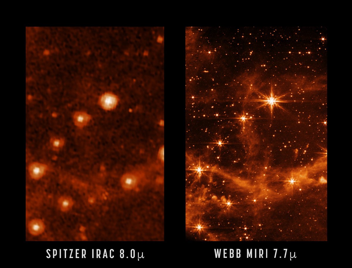 <i>NASA/JPL-Caltech; NASA/ESA/CSA/STScI</i><br/>Compare the sharpess and level of detail captured by the Spitzer Space Telescope (left) and the James Webb Space Telescope (right).