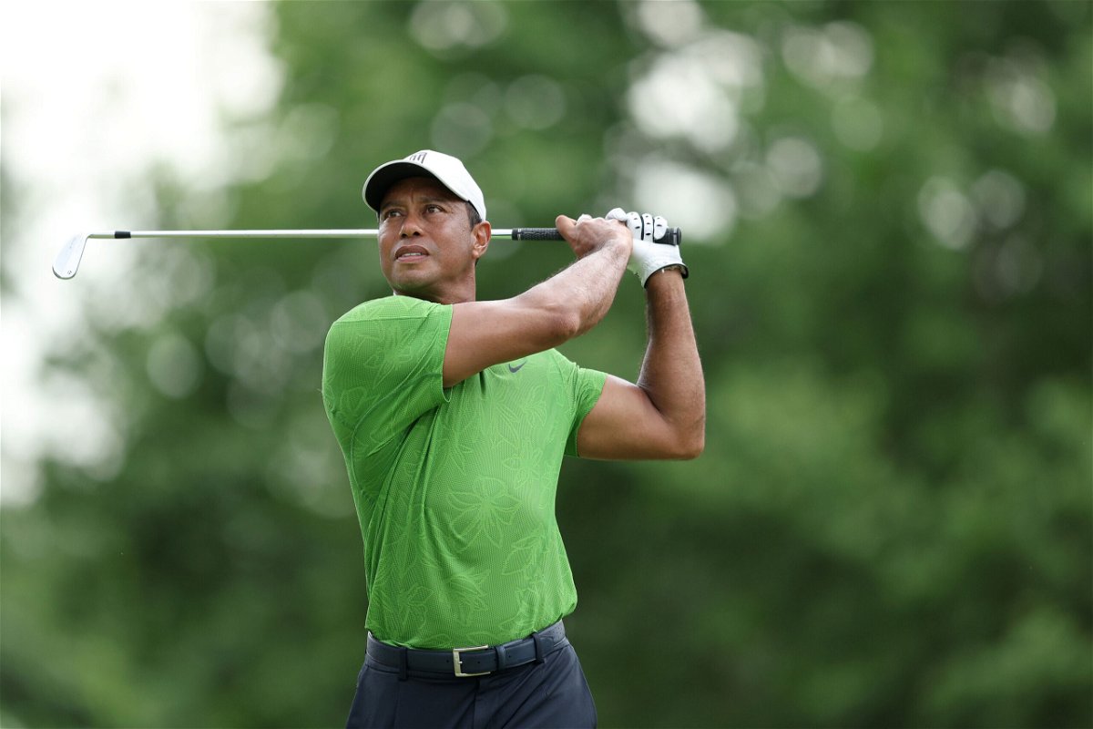 <i>Richard Heathcote/Getty Images</i><br/>Tiger Woods plays his shot from the 14th tee during the second round of the 2022 PGA Championship at Southern Hills Country Club on May 20
