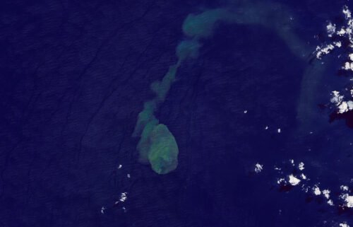 NASA's Earth Observatory has released satellite images of an undersea volcano erupting. This image