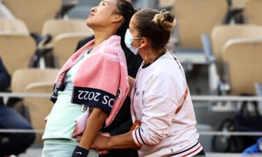 Zheng Qinwen of China pictured at the French Open on May 30 suffered with menstrual cramps as she lost to Poland's Iga Swiatek in the French Open fourth round after taking a set off the world's number one tennis player.