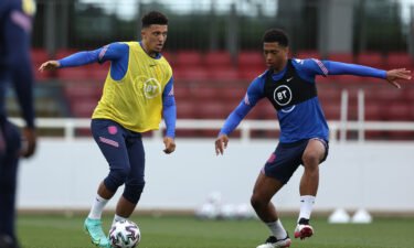 Jadon Sancho (left) and Jude Bellingham (right) of England in action during the England Training Session at St George's Park on June 14
