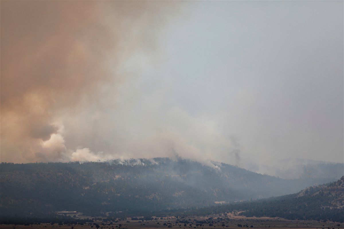 <i>Adria Malcolm/Reuters</i><br/>Smoke rises from the Hermits Peak and Calf Canyon wildfires.