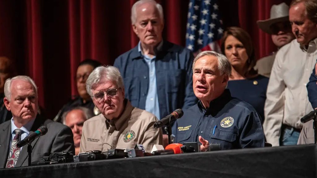 Gov. Greg Abbott speaks during a press conference at Uvalde High School on Wednesday, May 25, 2022.