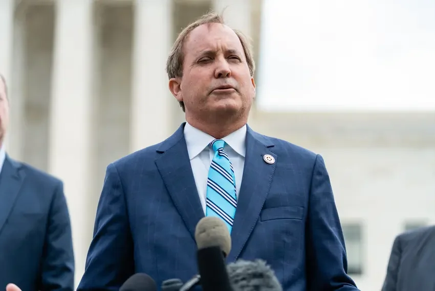 Texas Attorney General Ken Paxton speaks at a press conference at the U.S. Supreme Court in Washington, D.C. on April 26, 2022.