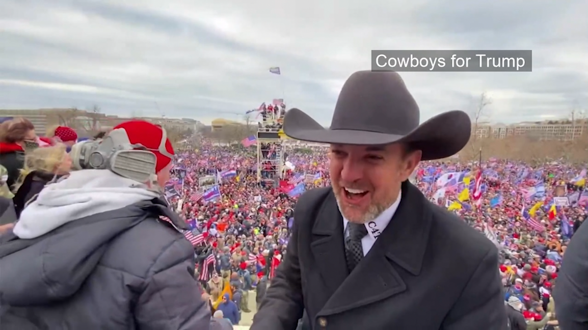 Couy Griffin is pictured in a Facebook video at the U.S. Capitol posted to the Cowboys for Trump Facebook group.
