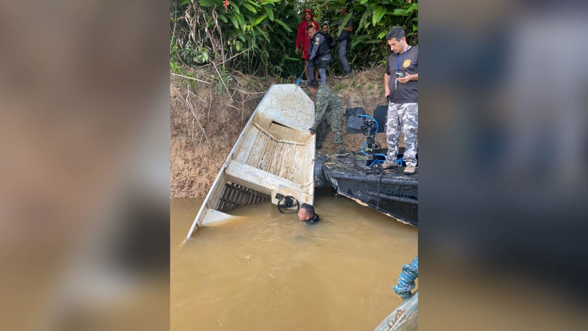 <i>Amazonas Civil Police</i><br/>Amazonas Civil Police released this photograph of the boat as it was recovered on June 20. The boat in which British journalist Dom Phillips and indigenous expert Bruno Pereira were traveling before they were killed was found Sunday evening