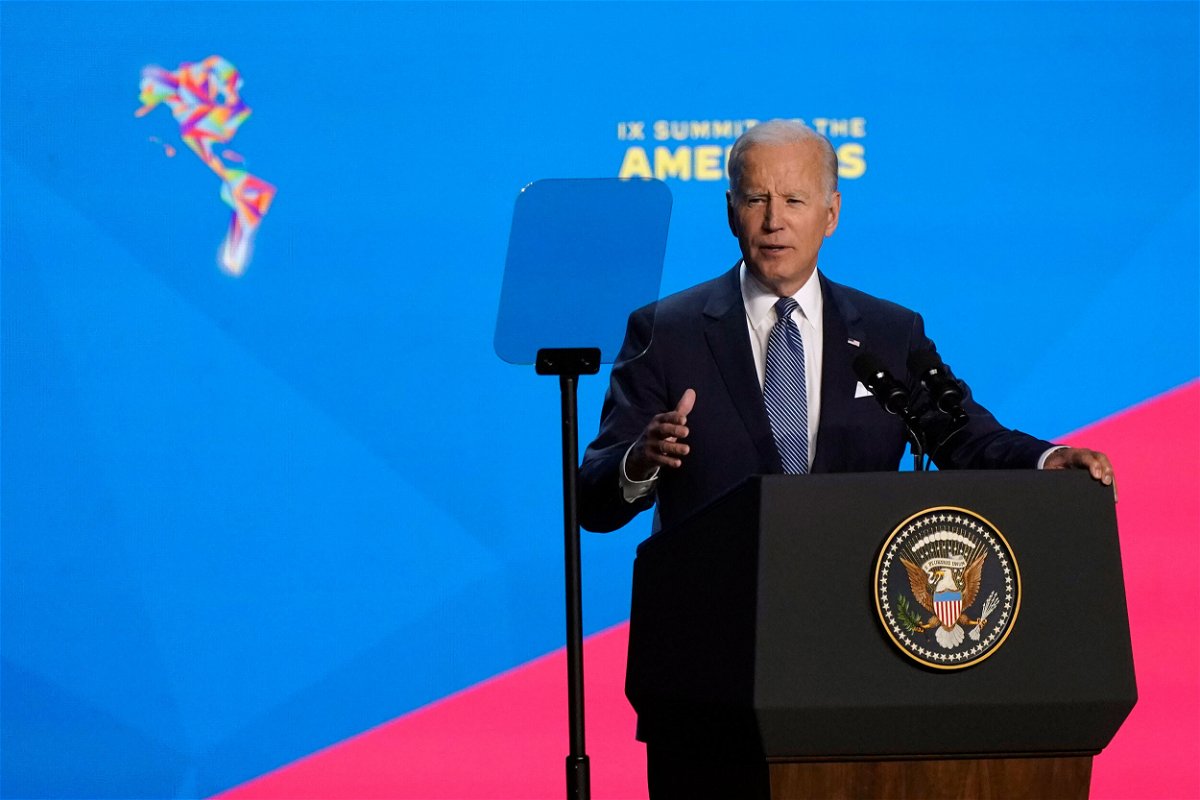 <i>Marcio Jose Sanchez/AP</i><br/>President Joe Biden speaks during the opening ceremony at the Summit of the Americas Wednesday