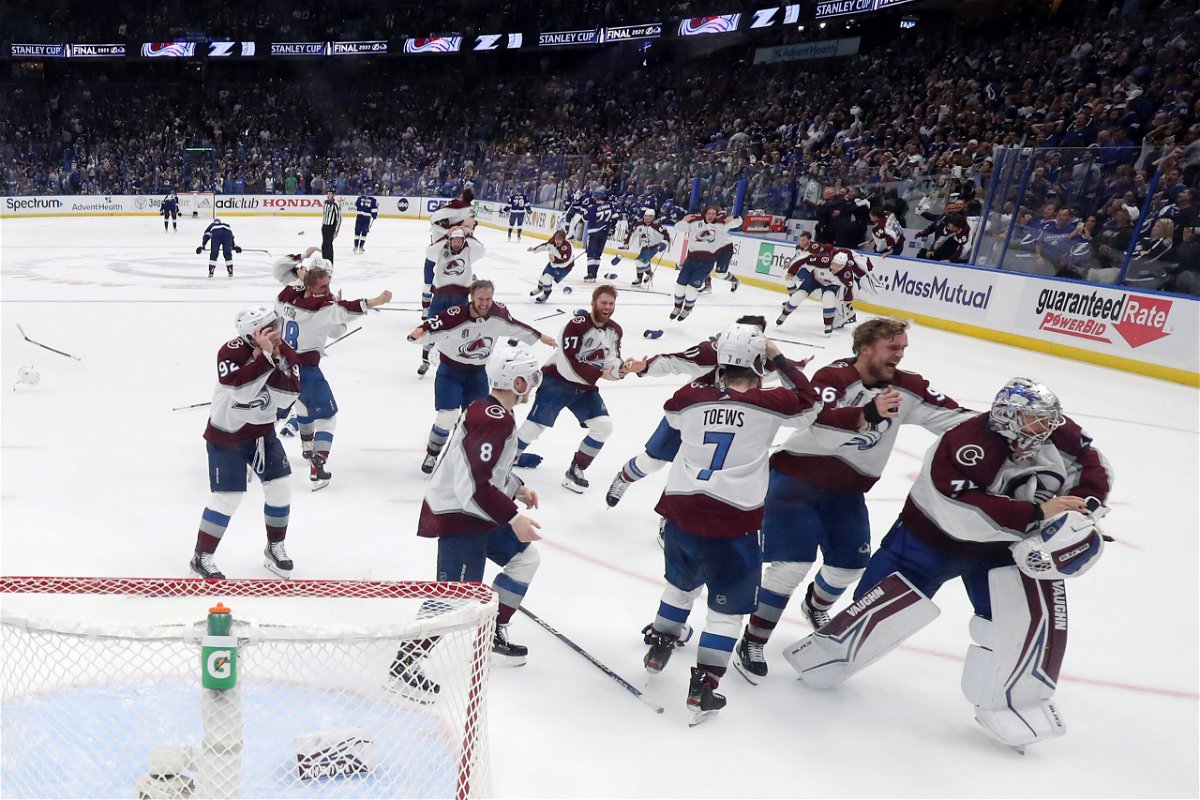 <i>Mike Carlson/Getty Images</i><br/>Colorado Avalanche players celebrate after defeating the Tampa Bay Lightning in Game Six of the Stanley Cup Finals.