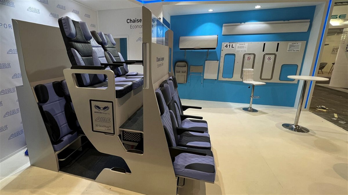 <i>Francesca Street/CNN</i><br/>Here's what it might be like to travel on a double decker airplane seat. The Chaise Longue Airplane Seat is pictured here on display at AIX 2022 Hamburg.