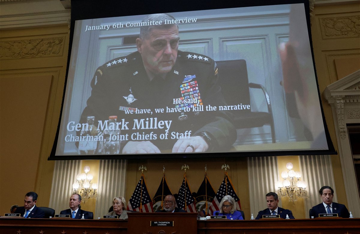 <i>Jonathan Ernst/Reuters</i><br/>General Mark Milley is seen speaking on video during the hearing of the U.S. House Select Committee.