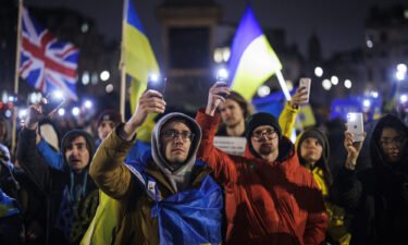 Ukrainians and other demonstrators gather at London's Trafalgar Square for a protest in support of Ukraine on March 1.