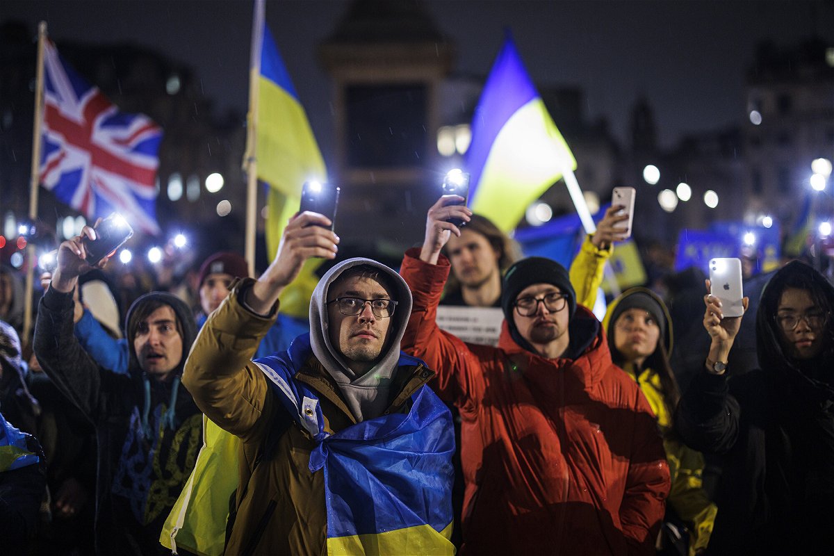 <i>Rob Pinney/Getty Images</i><br/>Ukrainians and other demonstrators gather at London's Trafalgar Square for a protest in support of Ukraine on March 1.