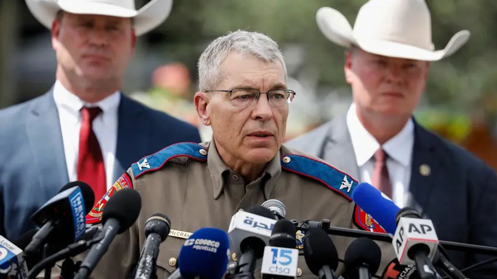 Steve McCraw, director of the Texas Department of Public Safety, speaks during a news conference outside Robb Elementary School on May 27, three days after a gunman killed 19 children and two adults in a mass shooting in Uvalde.