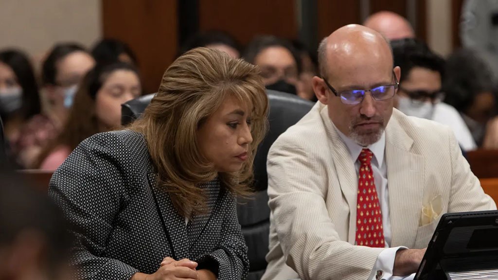 El Paso District Attorney Yvonne Rosales and Assistant District Attorney John Briggs review case filings at a July 1 status hearing in the Aug. 3 mass shooting case