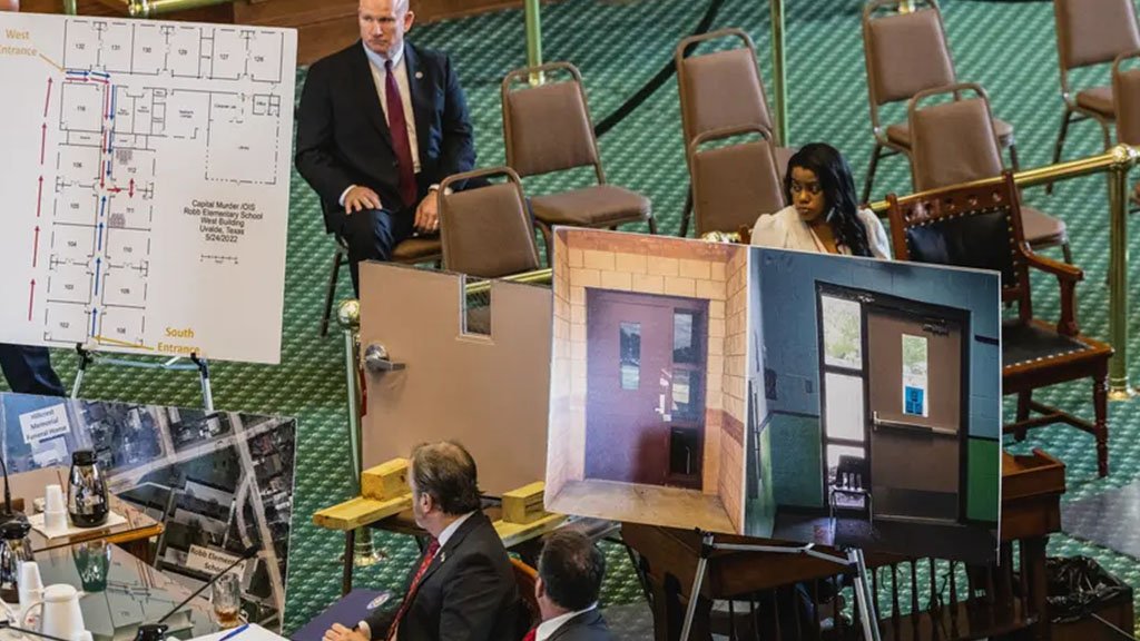 Diagrams of doors used by the shooter at Robb Elementary School in Uvalde were displayed at the Capitol on Jun. 21 during testimony before the Senate Committee to Protect all Texans.