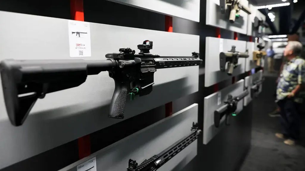 A Springfield Saint Victor AR-15 rifle is displayed during the National Rifle Association annual convention in Houston in May. The U.S. House passed a ban Friday on semi-automatic weapons, but the bill is expected to die in the Senate.