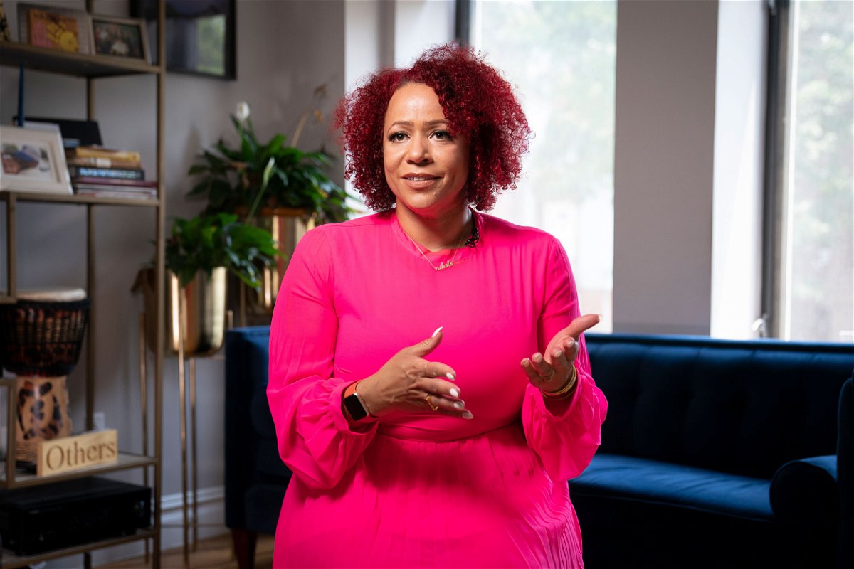 <i>John Minchillo/AP</i><br/>Nikole Hannah-Jones is interviewed at her home in the Brooklyn borough of New York on July 6