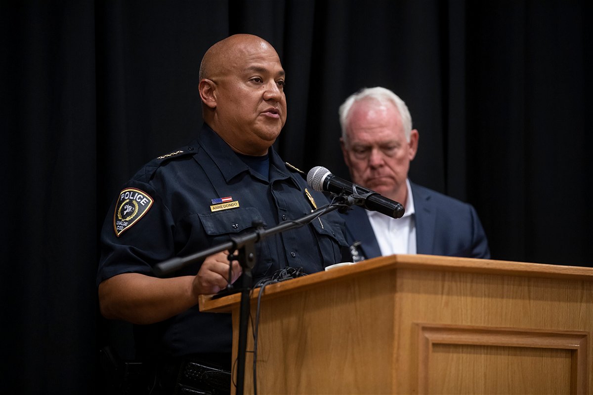 <i>Mikala Compton/Austin American-Statesman/USA Today Network/Sipa USA</i><br/>Uvalde police chief Pete Arredondo speaks at a press conference following the shooting at Robb Elementary School in Uvalde