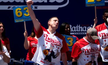 Joey Chestnut reacts after scarfing more hot dogs than anyone else on July 4.