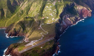 Aerial view of the airport as Dutch King Willem-Alexander and Queen Maxima arrive on the Caribbean island of Saba