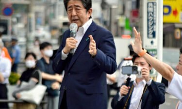 Japanese former Shinzo Abe speaks for his party member candidate of the House of Councillors Election near Yamato Saidaiji Station in Nara Prefecture on July 8