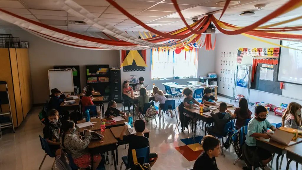 Students work at their desks at Blanco Vista Elementary School in San Marcos on Aug. 23, 2021.