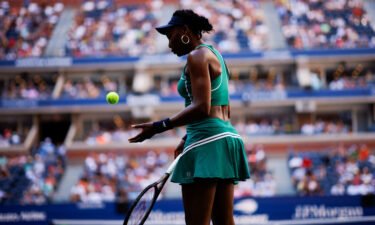 US player Venus Williams prepares to serve to Belgium's Alison van Uytvanck during their 2022 US Open Tennis tournament women's singles first round match at the USTA Billie Jean King National Tennis Center in New York