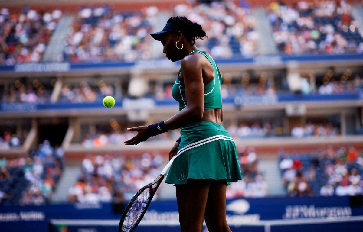 <i>Kena Betancur/AFP/Getty Images</i><br/>US player Venus Williams prepares to serve to Belgium's Alison van Uytvanck during their 2022 US Open Tennis tournament women's singles first round match at the USTA Billie Jean King National Tennis Center in New York