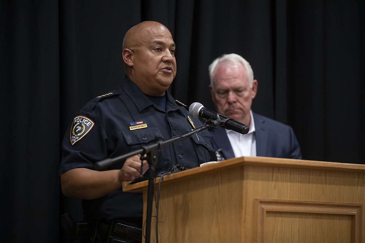 <i>Mikala Compton/USA Today Network</i><br/>Uvalde police chief Pete Arredondo speaks at a press conference following the shooting at Robb Elementary School in Uvalde