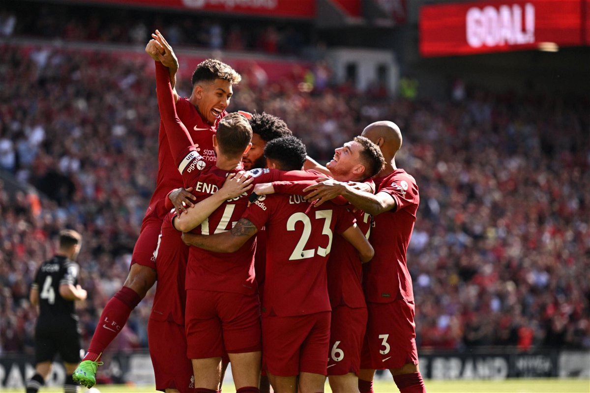 <i>OLI SCARFF/AFP/AFP via Getty Images</i><br/>Diaz celebrates with teammates after scoring Liverpool's first goal against Bournemouth.